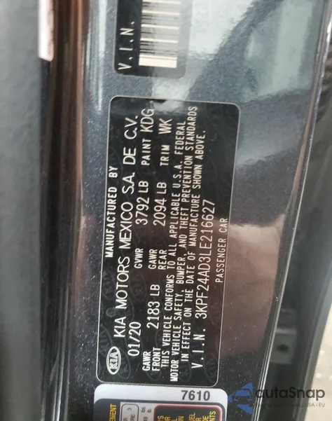 2020 Kia Forte Fe z USA, uszkodzony, nr VIN 3KPF24AD3LE216627